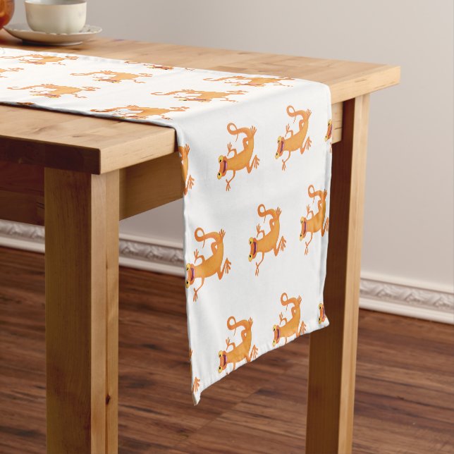 Cute happy orange dancing newt short table runner (In Situ)