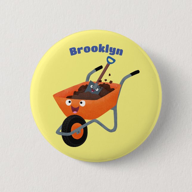 Cute happy orange wheelbarrow cartoon illustration 6 cm round badge (Front)