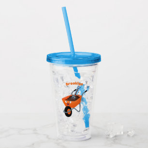 Cute happy orange wheelbarrow cartoon illustration acrylic tumbler