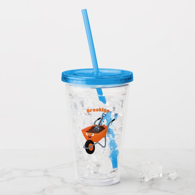 Cute happy orange wheelbarrow cartoon illustration acrylic tumbler (Front Ice)