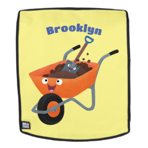 Cute happy orange wheelbarrow cartoon illustration backpack