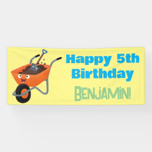 Cute happy orange wheelbarrow cartoon illustration banner