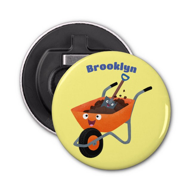 Cute happy orange wheelbarrow cartoon illustration bottle opener (Front)