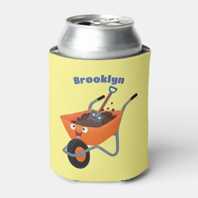 Cute happy orange wheelbarrow cartoon illustration can cooler (Can Front)