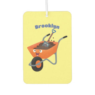 Cute happy orange wheelbarrow cartoon illustration car air freshener