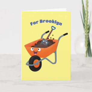 Cute happy orange wheelbarrow cartoon illustration card