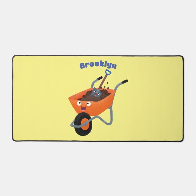 Cute happy orange wheelbarrow cartoon illustration desk mat (Front)