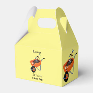 Cute happy orange wheelbarrow cartoon illustration favour box