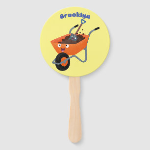 Cute happy orange wheelbarrow cartoon illustration hand fan