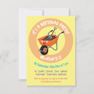 Cute happy orange wheelbarrow cartoon illustration invitation
