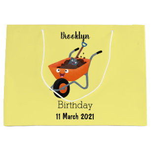 Cute happy orange wheelbarrow cartoon illustration large gift bag