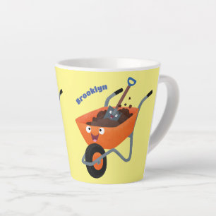 Cute happy orange wheelbarrow cartoon illustration latte mug