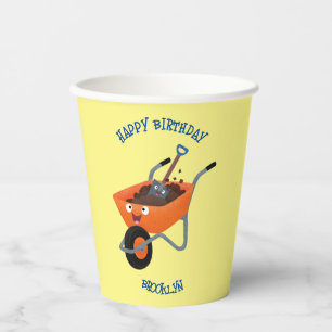 Cute happy orange wheelbarrow cartoon illustration paper cups