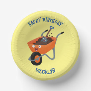 Cute happy orange wheelbarrow cartoon illustration paper plate
