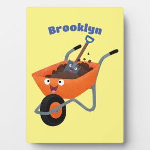 Cute happy orange wheelbarrow cartoon illustration plaque