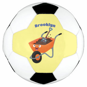 Cute happy orange wheelbarrow cartoon illustration soccer ball
