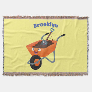 Cute happy orange wheelbarrow cartoon illustration throw blanket