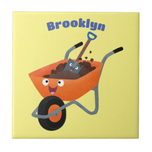 Cute happy orange wheelbarrow cartoon illustration tile