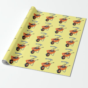 Cute happy orange wheelbarrow cartoon illustration wrapping paper