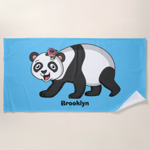 Cute happy panda bear with flower cartoon beach towel