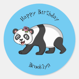 Cute happy panda bear with flower cartoon classic round sticker