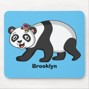 Cute happy panda bear with flower cartoon mouse pad