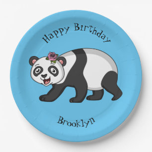 Cute happy panda bear with flower cartoon paper plate