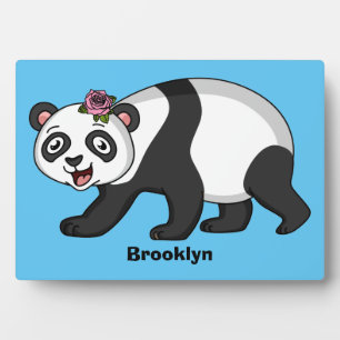 Cute happy panda bear with flower cartoon plaque