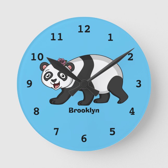 Cute happy panda bear with flower cartoon round clock (Front)