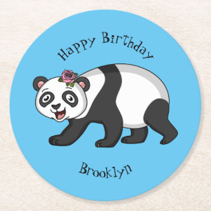 Cute happy panda bear with flower cartoon round paper coaster