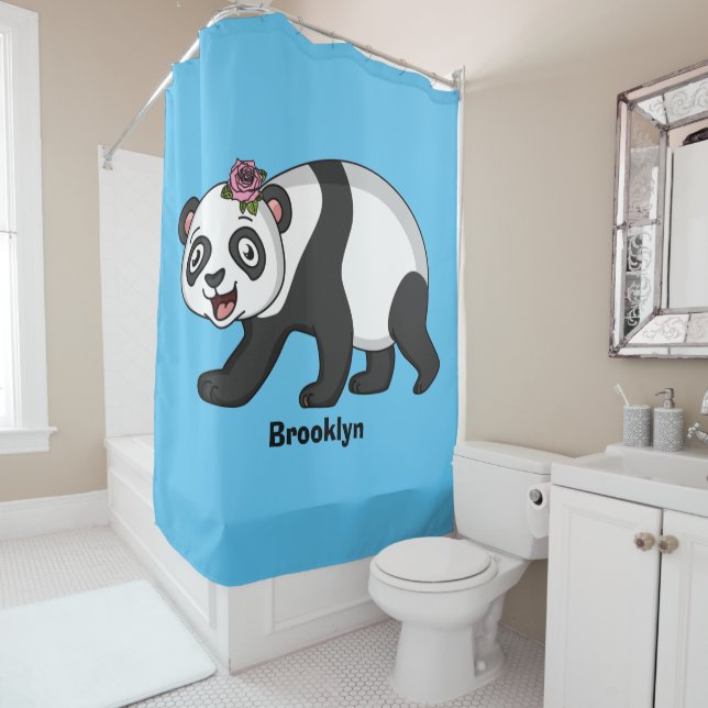 Cute happy panda bear with flower cartoon shower curtain (In Situ)