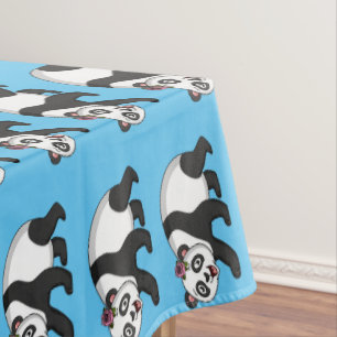 Cute happy panda bear with flower cartoon tablecloth