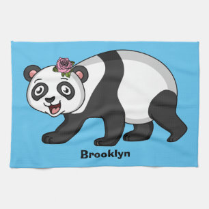 Cute happy panda bear with flower cartoon tea towel