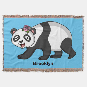 Cute happy panda bear with flower cartoon throw blanket