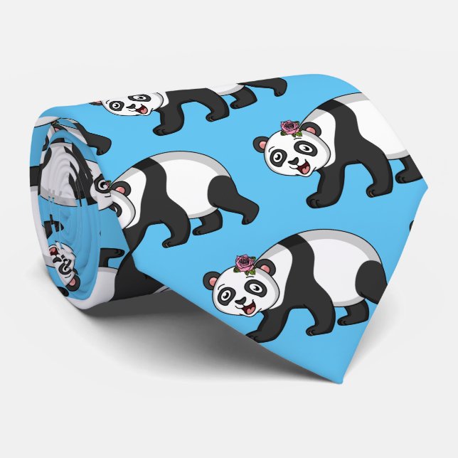 Cute happy panda bear with flower cartoon  tie (Rolled)