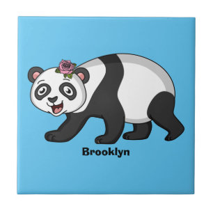 Cute happy panda bear with flower cartoon tile