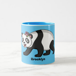 Cute happy panda bear with flower cartoon Two-Tone coffee mug