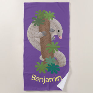 Cute happy pangolin anteater illustration beach towel