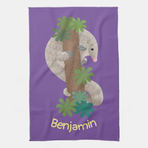 Cute happy pangolin anteater illustration tea towel