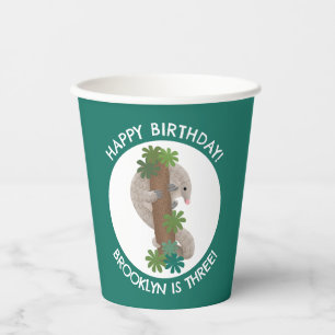 Cute happy pangolin anteater personalised birthday paper cups