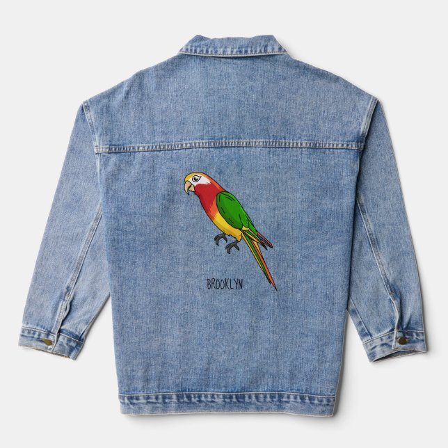 Cute happy parrot cartoon illustration denim jacket (Back)