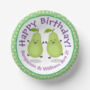 Cute happy pears twins cartoon illustration paper plate