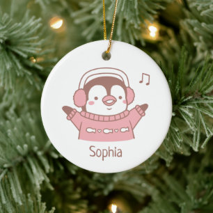 Cute Happy Penguin in Sweater Personalised Ceramic Tree Decoration