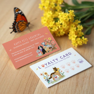 Cute Happy Pet Family Pet Care & Grooming Loyalty Business Card