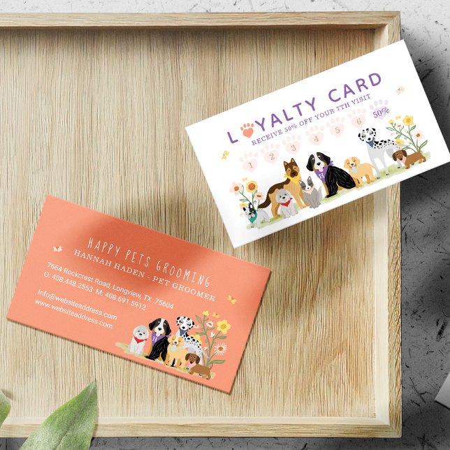 Cute Happy Pet Family Pet Care & Grooming Loyalty Business Card (Creator Uploaded)