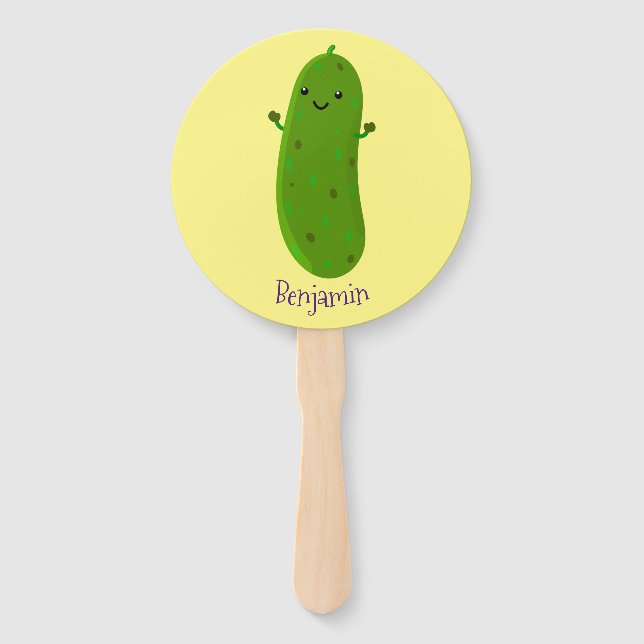 Cute happy pickle cartoon illustration hand fan (Front)