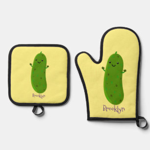 Cute happy pickle cartoon illustration oven mitt & pot holder set
