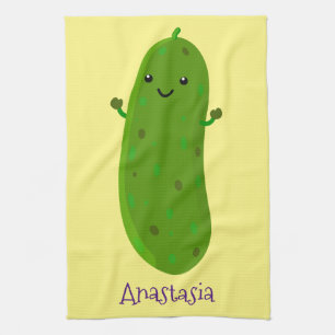 Cute happy pickle cartoon illustration tea towel