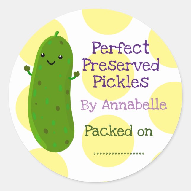 Cute happy pickle preserve cartoon illustration classic round sticker (Front)