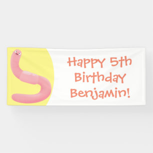 Cute happy pink earthworm cartoon banner